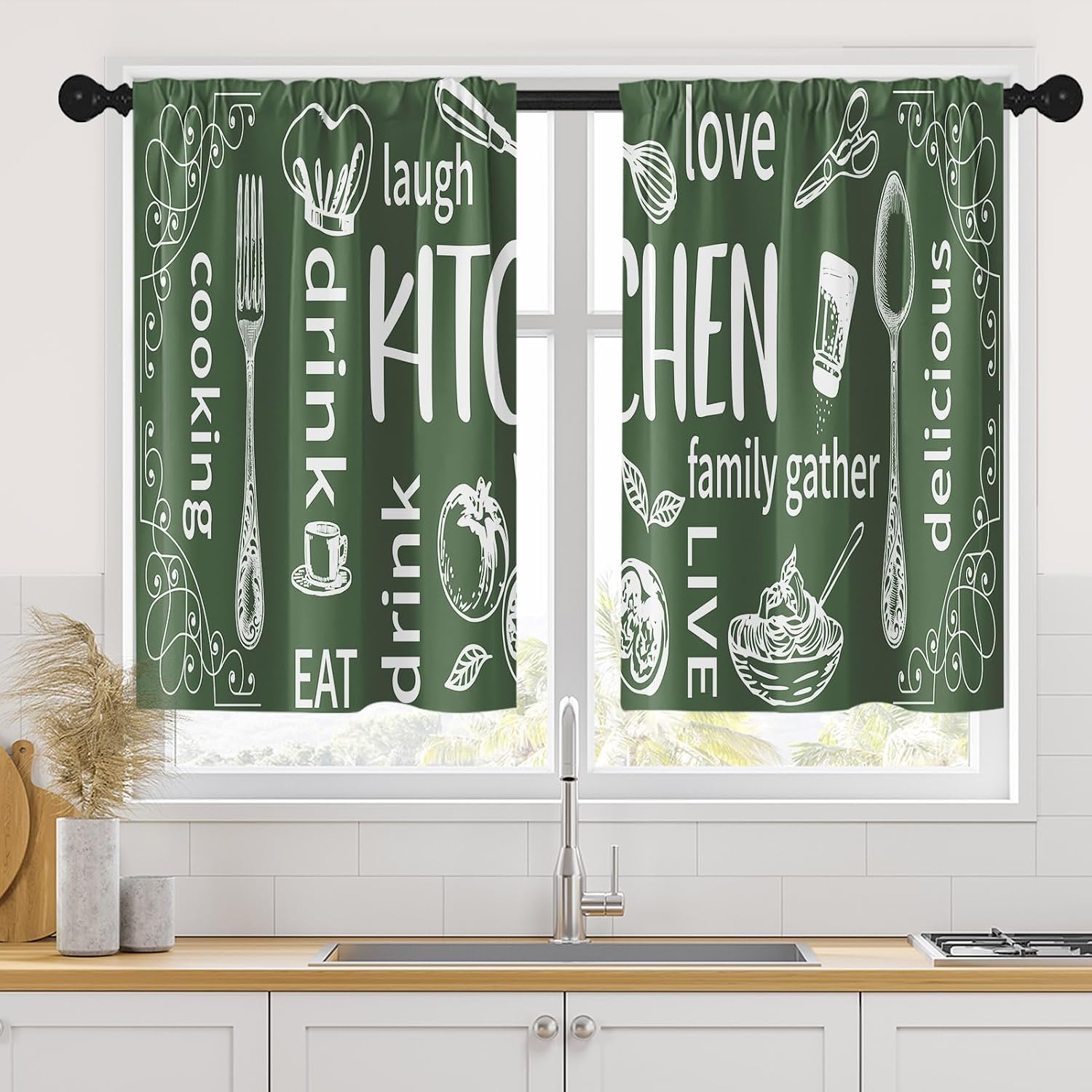 Home Cooking Youtube - Aesthetic Kitchen Curtain Pair Green Family